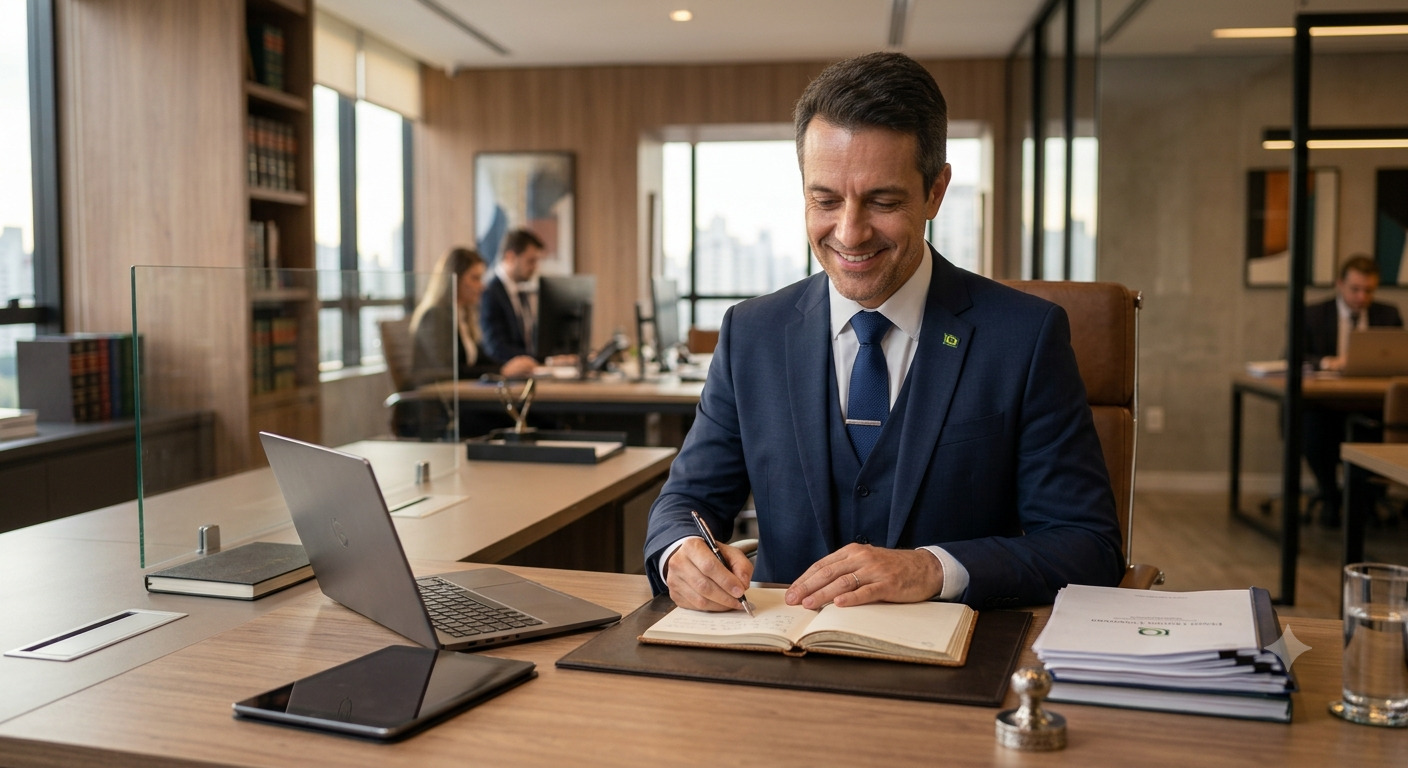 Advogado responsável pelo escritório em ambiente profissional.